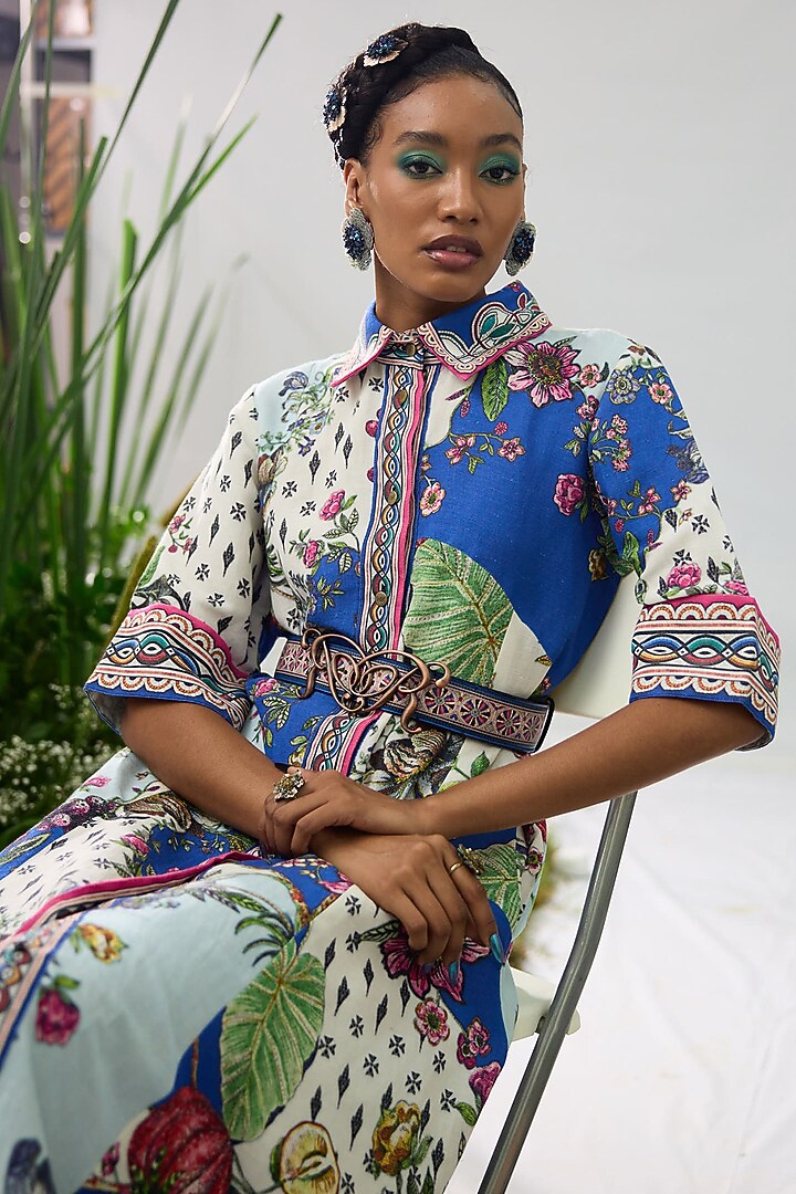 Blue & White Cotton Linen Printed A-Line Cocktail Shirt Dress by Rajdeep Ranawat at Pernia's Pop Up Shop