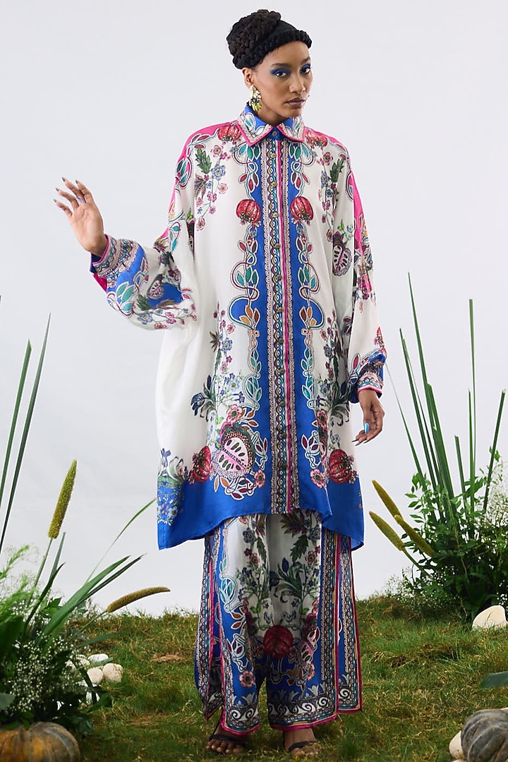 White & Blue Silk Printed Long Shirt by Rajdeep Ranawat at Pernia's Pop Up Shop