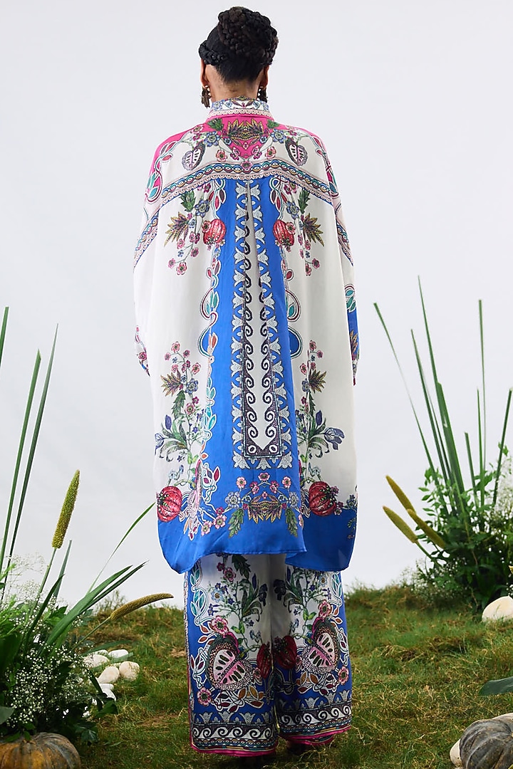 White & Blue Silk Printed Long Shirt by Rajdeep Ranawat at Pernia's Pop Up Shop