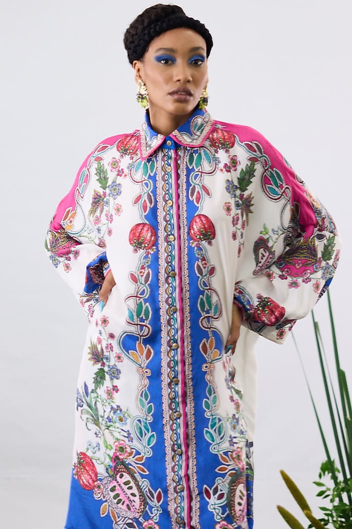 White & Blue Silk Printed Long Shirt by Rajdeep Ranawat at Pernia's Pop Up Shop