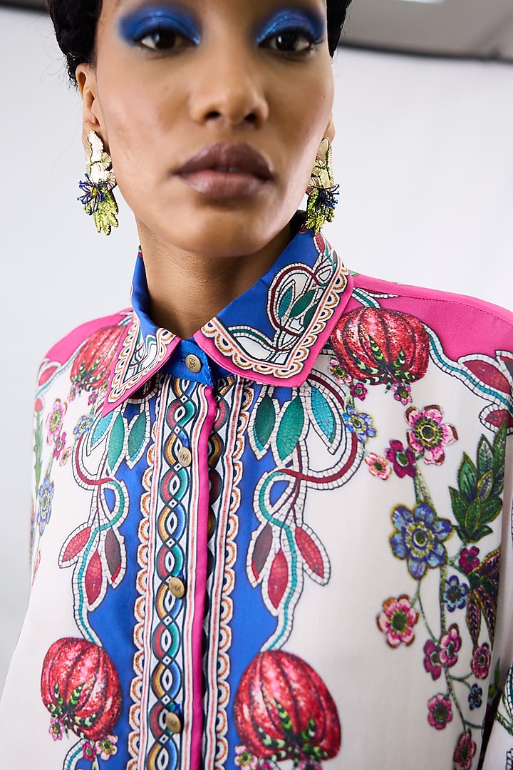 White & Blue Silk Printed Long Shirt by Rajdeep Ranawat at Pernia's Pop Up Shop