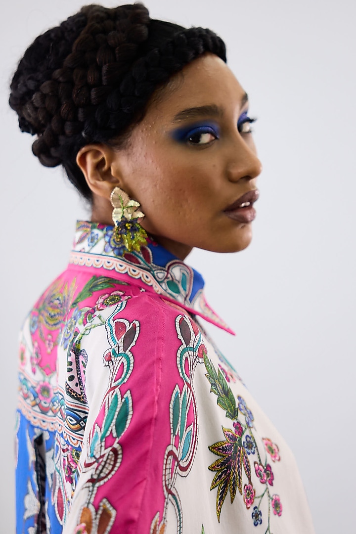 White & Blue Silk Printed Long Shirt by Rajdeep Ranawat at Pernia's Pop Up Shop