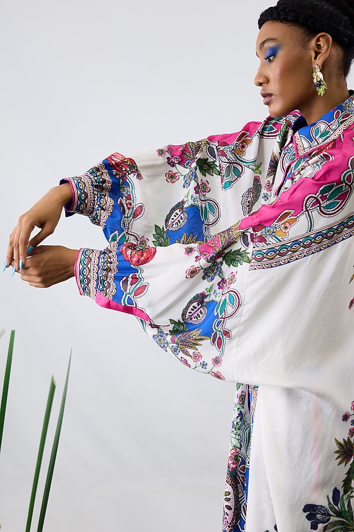 White & Blue Silk Printed Long Shirt by Rajdeep Ranawat at Pernia's Pop Up Shop
