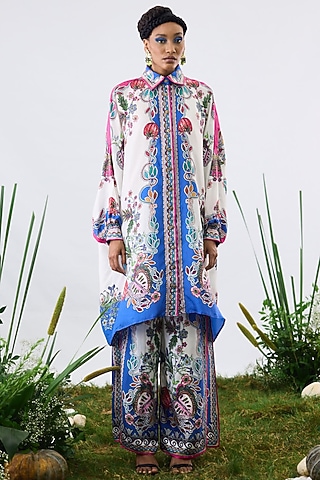 White & Blue Silk & Modal Satin Printed Layered Pants by Rajdeep Ranawat