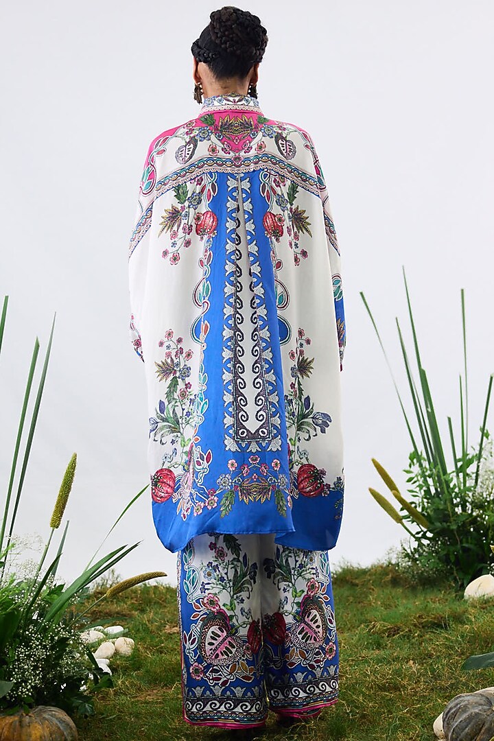 White & Blue Silk & Modal Satin Printed Layered Pants by Rajdeep Ranawat at Pernia's Pop Up Shop