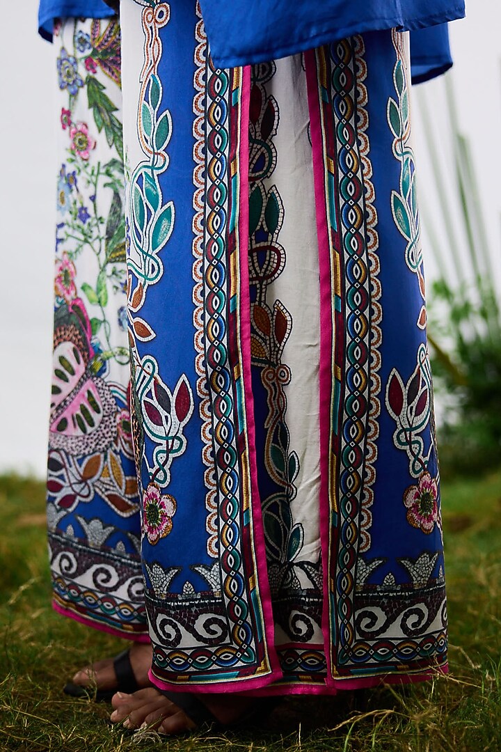 White & Blue Silk & Modal Satin Printed Layered Pants by Rajdeep Ranawat at Pernia's Pop Up Shop