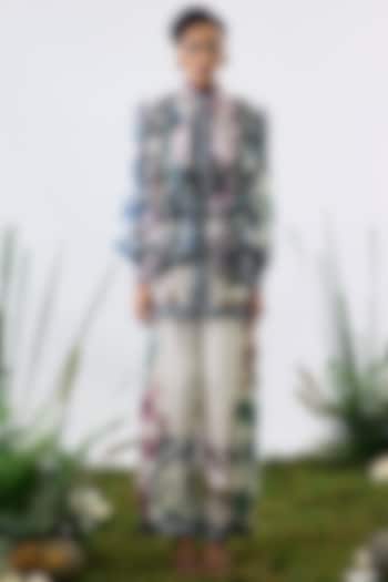 White Crepe & Chiffon Printed Frilled Shirt by Rajdeep Ranawat at Pernia's Pop Up Shop