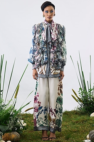 White Crepe & Chiffon Printed Frilled Shirt by Rajdeep Ranawat
