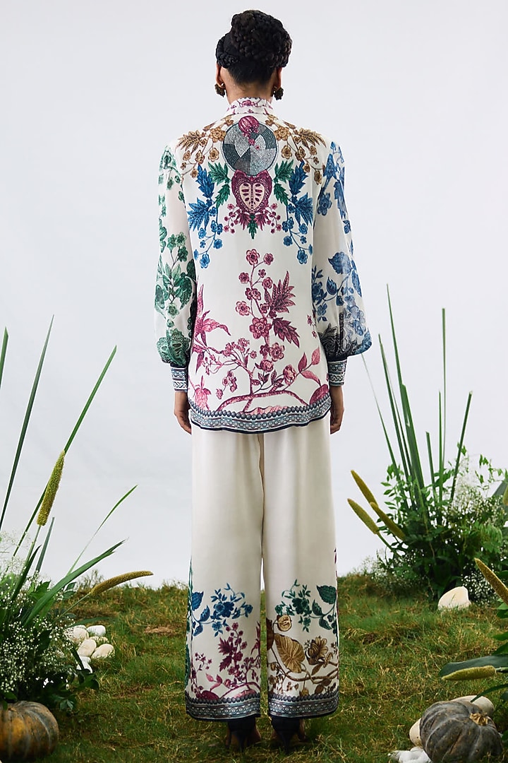 White Crepe & Chiffon Printed Frilled Shirt by Rajdeep Ranawat at Pernia's Pop Up Shop