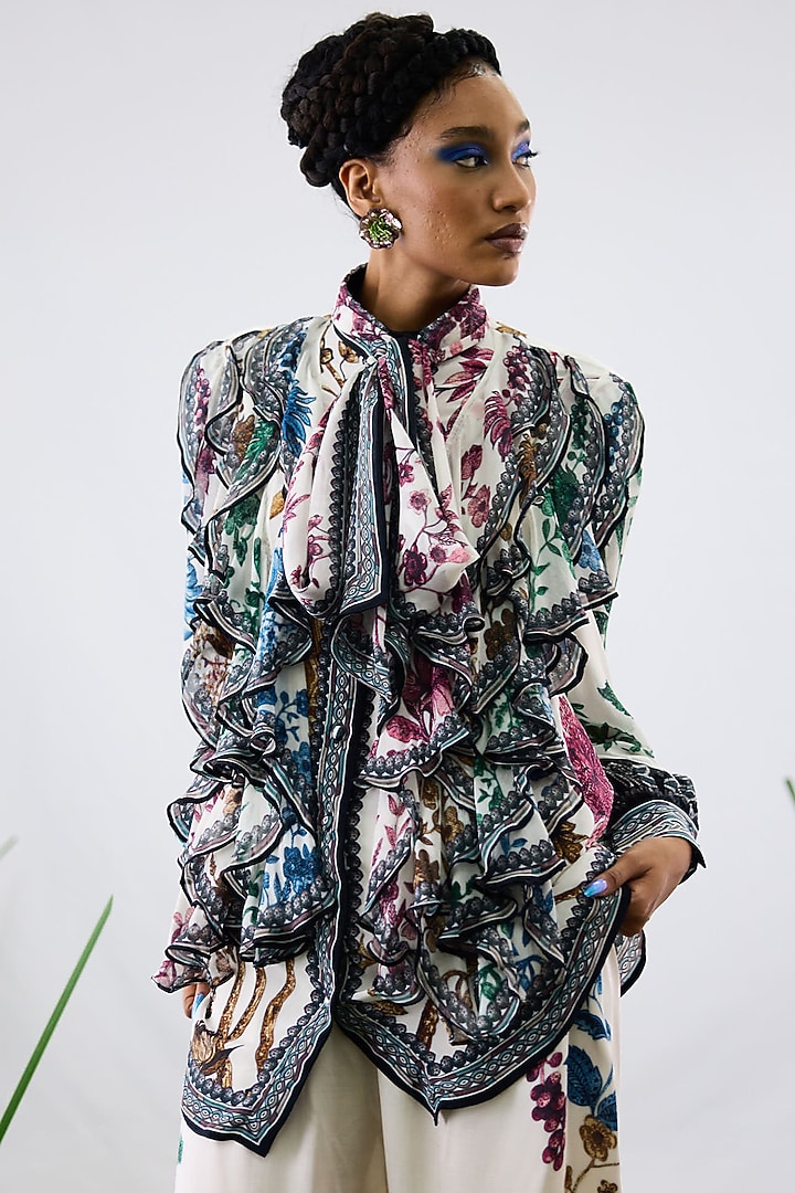 White Crepe & Chiffon Printed Frilled Shirt by Rajdeep Ranawat at Pernia's Pop Up Shop