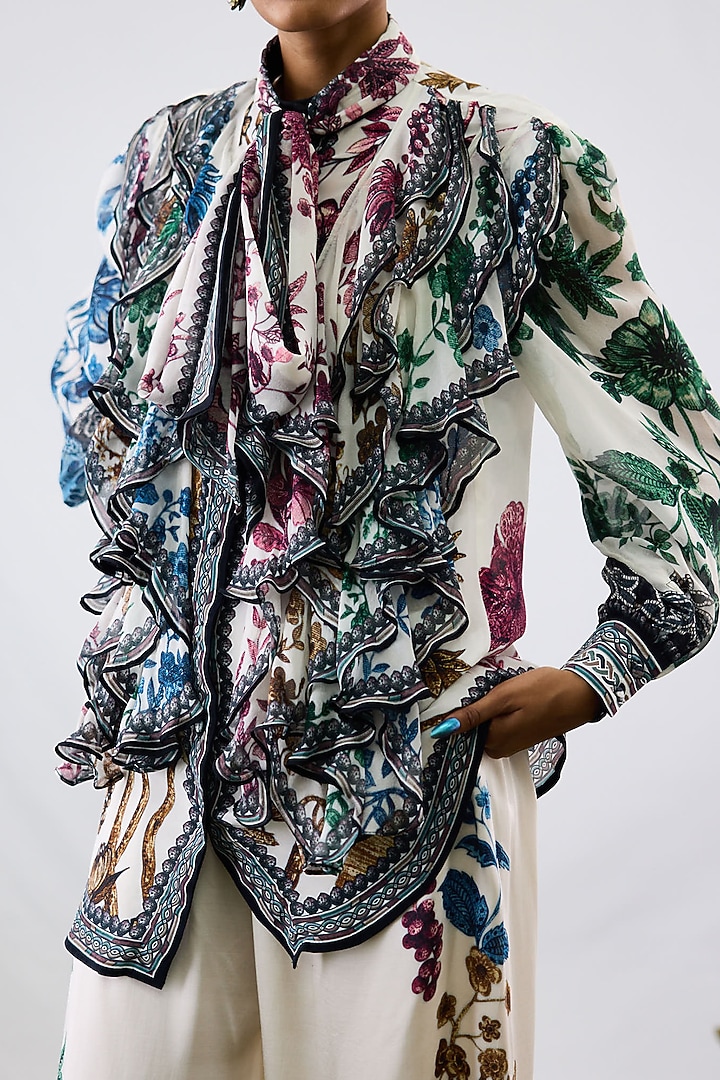 White Crepe & Chiffon Printed Frilled Shirt by Rajdeep Ranawat at Pernia's Pop Up Shop