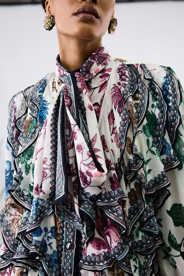 White Crepe & Chiffon Printed Frilled Shirt by Rajdeep Ranawat at Pernia's Pop Up Shop
