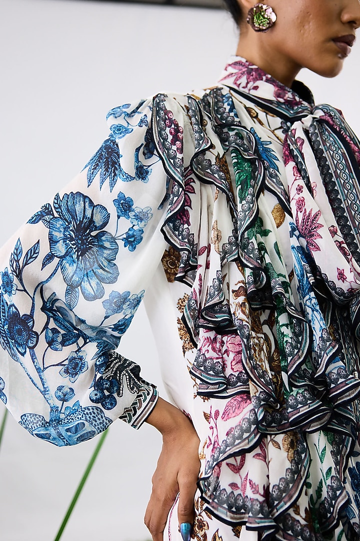 White Crepe & Chiffon Printed Frilled Shirt by Rajdeep Ranawat at Pernia's Pop Up Shop