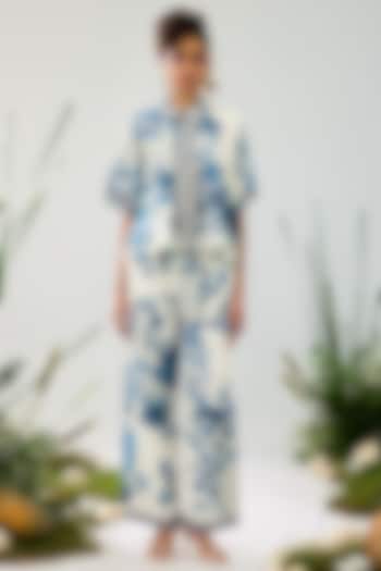 Blue & White Cotton Linen Printed Pleated Crop Shirt by Rajdeep Ranawat at Pernia's Pop Up Shop