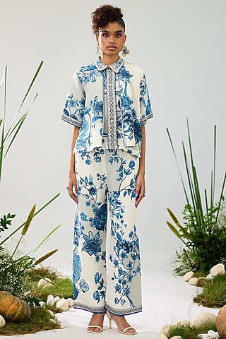 Blue & White Cotton Linen Printed Pleated Crop Shirt by Rajdeep Ranawat