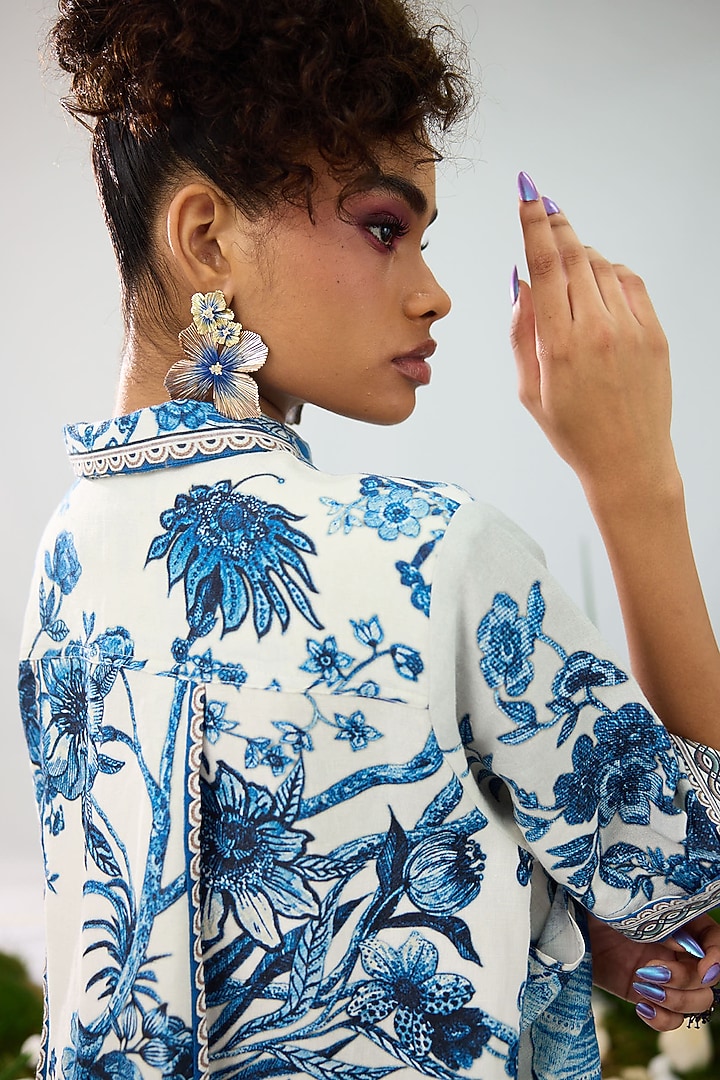 Blue & White Cotton Linen Printed Pleated Crop Shirt by Rajdeep Ranawat at Pernia's Pop Up Shop