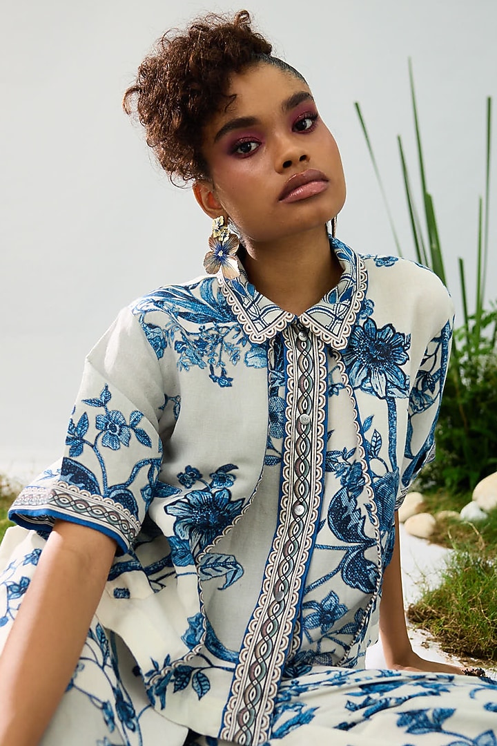 Blue & White Cotton Linen Printed Pleated Crop Shirt by Rajdeep Ranawat at Pernia's Pop Up Shop