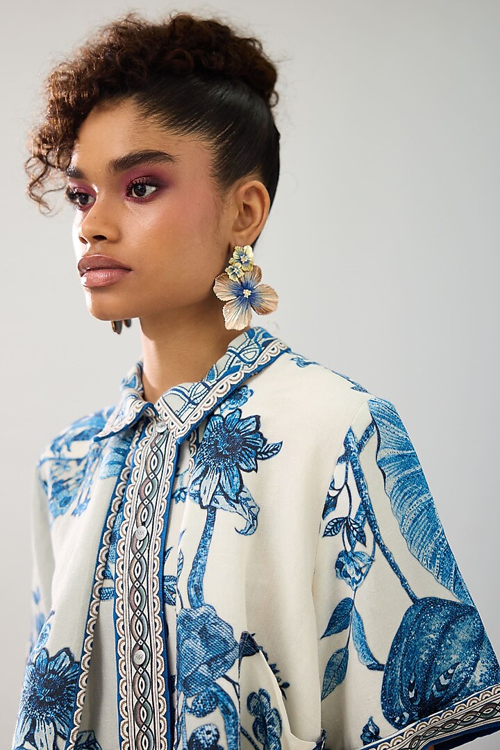 Blue & White Cotton Linen Printed Pleated Crop Shirt by Rajdeep Ranawat at Pernia's Pop Up Shop