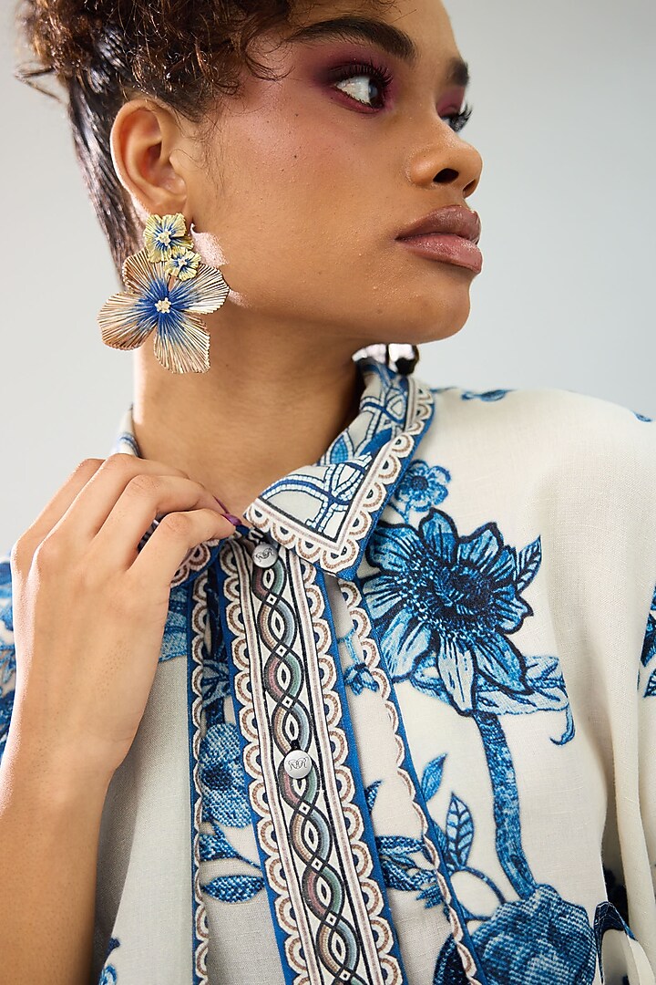 Blue & White Cotton Linen Printed Pleated Crop Shirt by Rajdeep Ranawat at Pernia's Pop Up Shop