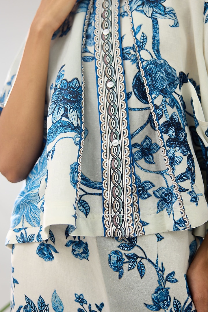 Blue & White Cotton Linen Printed Pleated Crop Shirt by Rajdeep Ranawat at Pernia's Pop Up Shop