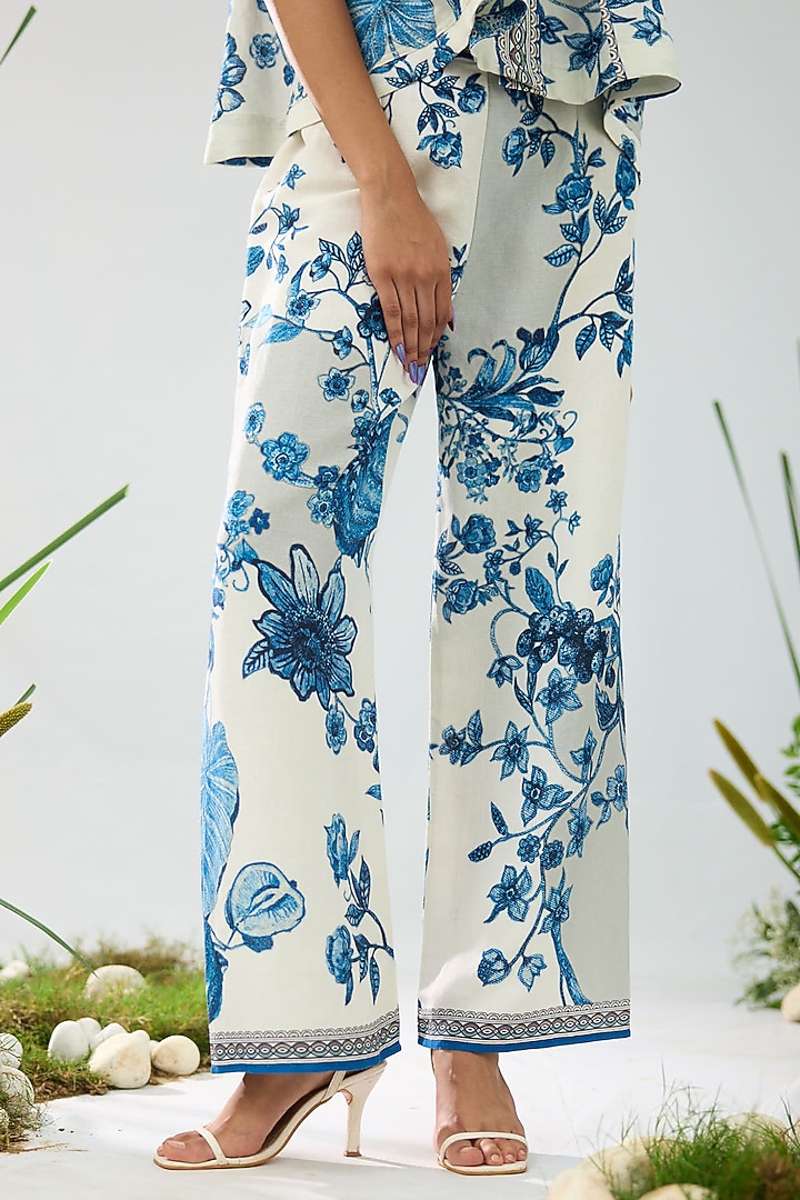 Blue & White Cotton Linen Printed Pants by Rajdeep Ranawat at Pernia's Pop Up Shop