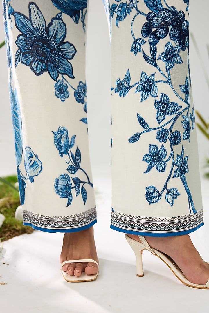 Blue & White Cotton Linen Printed Pants by Rajdeep Ranawat at Pernia's Pop Up Shop