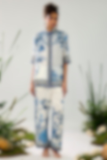 Blue & White Silk Printed Crop Shirt Top by Rajdeep Ranawat at Pernia's Pop Up Shop