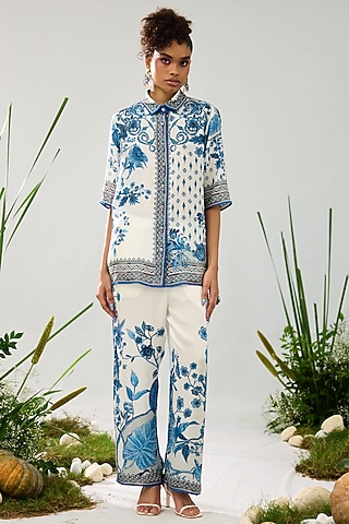 Blue & White Silk Printed Crop Shirt Top by Rajdeep Ranawat