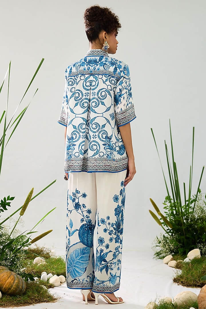 Blue & White Silk Printed Crop Shirt Top by Rajdeep Ranawat at Pernia's Pop Up Shop