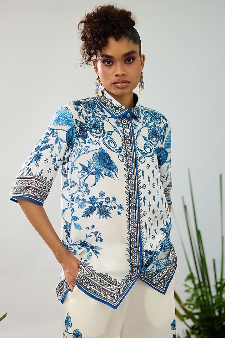 Blue & White Silk Printed Crop Shirt Top by Rajdeep Ranawat at Pernia's Pop Up Shop
