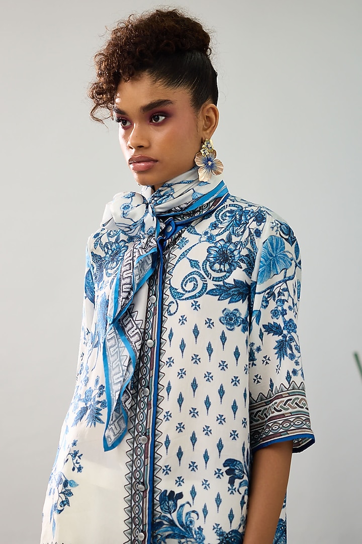 Blue & White Silk Printed Crop Shirt Top by Rajdeep Ranawat at Pernia's Pop Up Shop