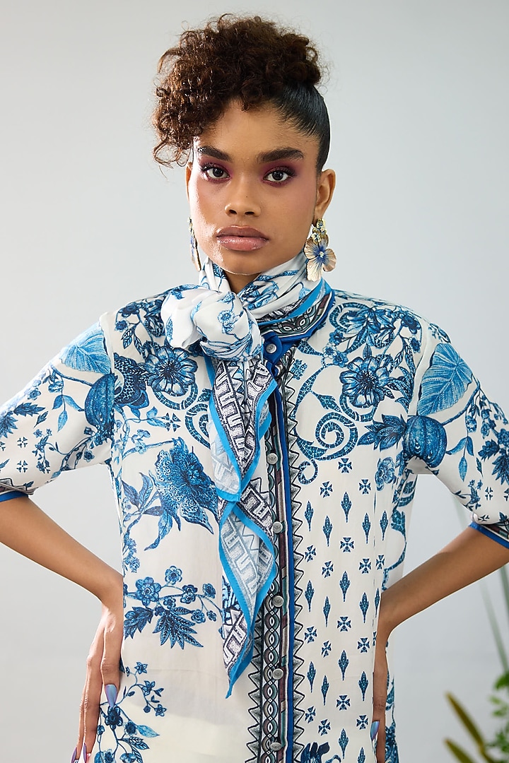 Blue & White Silk Printed Crop Shirt Top by Rajdeep Ranawat at Pernia's Pop Up Shop