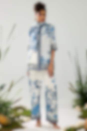 Blue & White Modal Satin Printed Pants by Rajdeep Ranawat at Pernia's Pop Up Shop