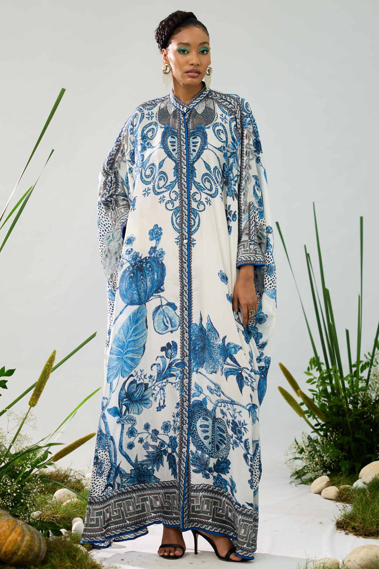 Blue & White Silk Printed Boxy Kaftan Tunic by Rajdeep Ranawat at Pernia's Pop Up Shop