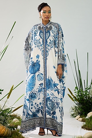 Blue & White Silk Printed Boxy Kaftan Tunic by Rajdeep Ranawat