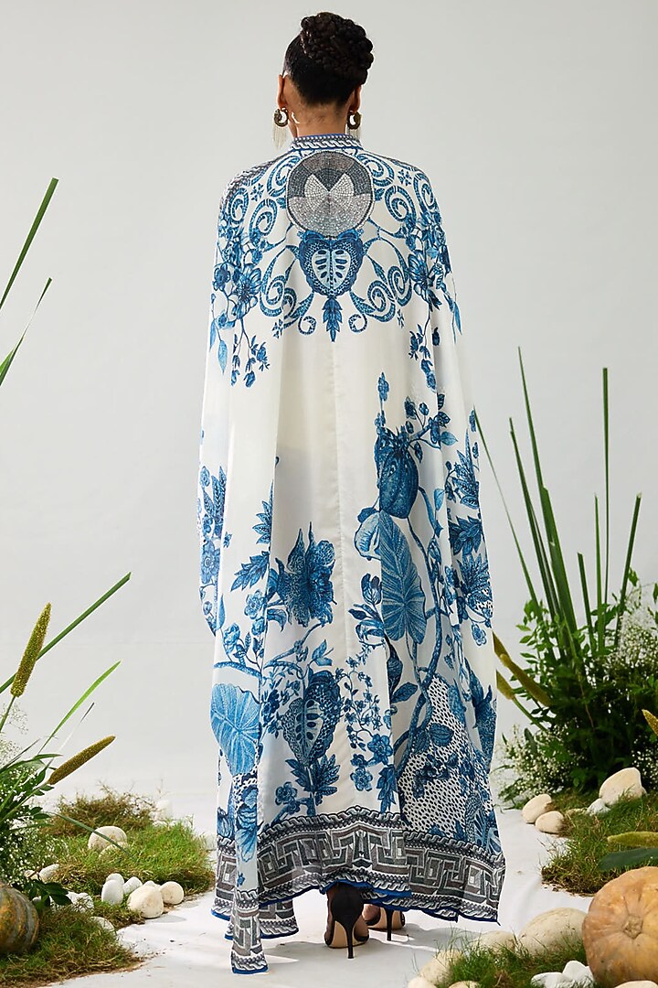 Blue & White Silk Printed Boxy Kaftan Tunic by Rajdeep Ranawat at Pernia's Pop Up Shop