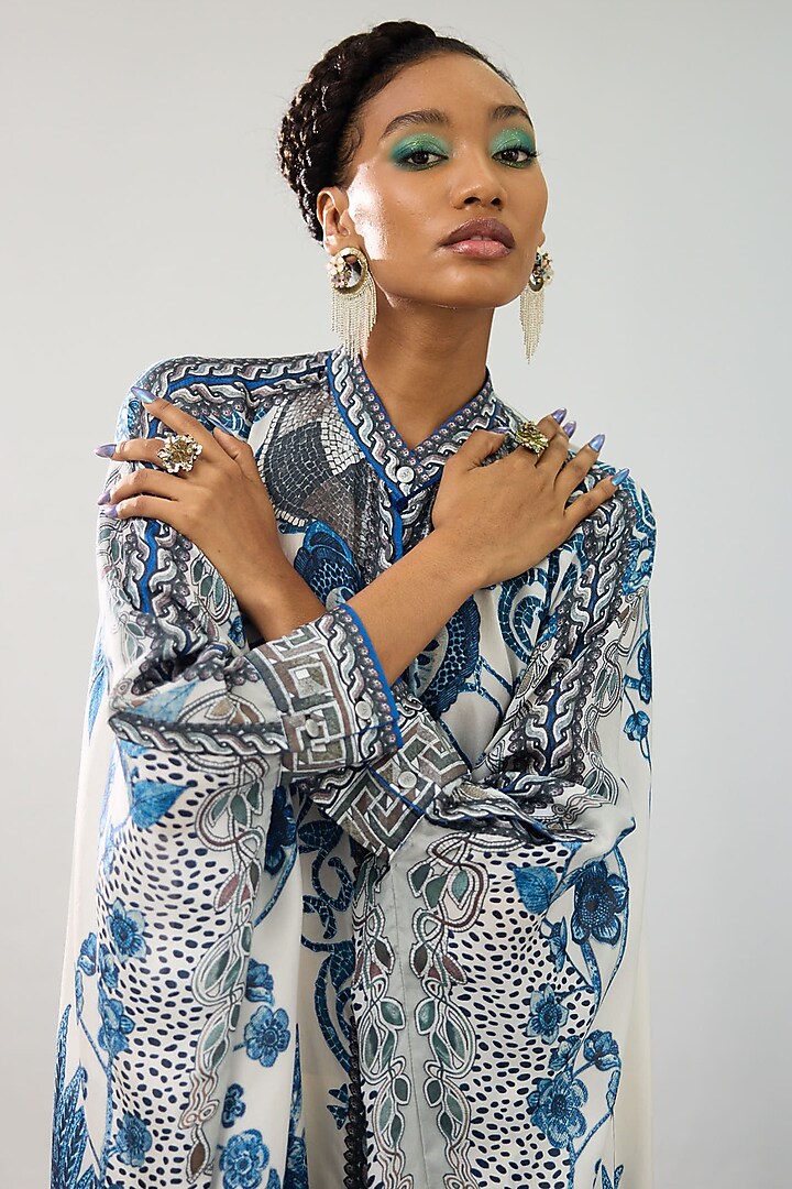Blue & White Silk Printed Boxy Kaftan Tunic by Rajdeep Ranawat at Pernia's Pop Up Shop