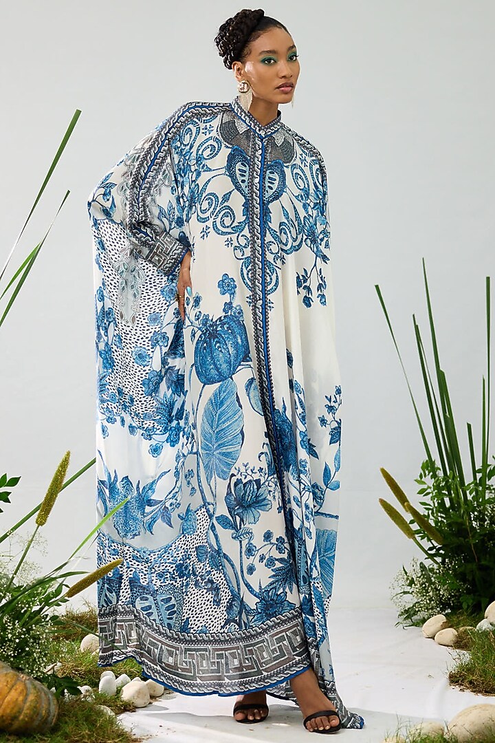 Blue & White Silk Printed Boxy Kaftan Tunic by Rajdeep Ranawat at Pernia's Pop Up Shop