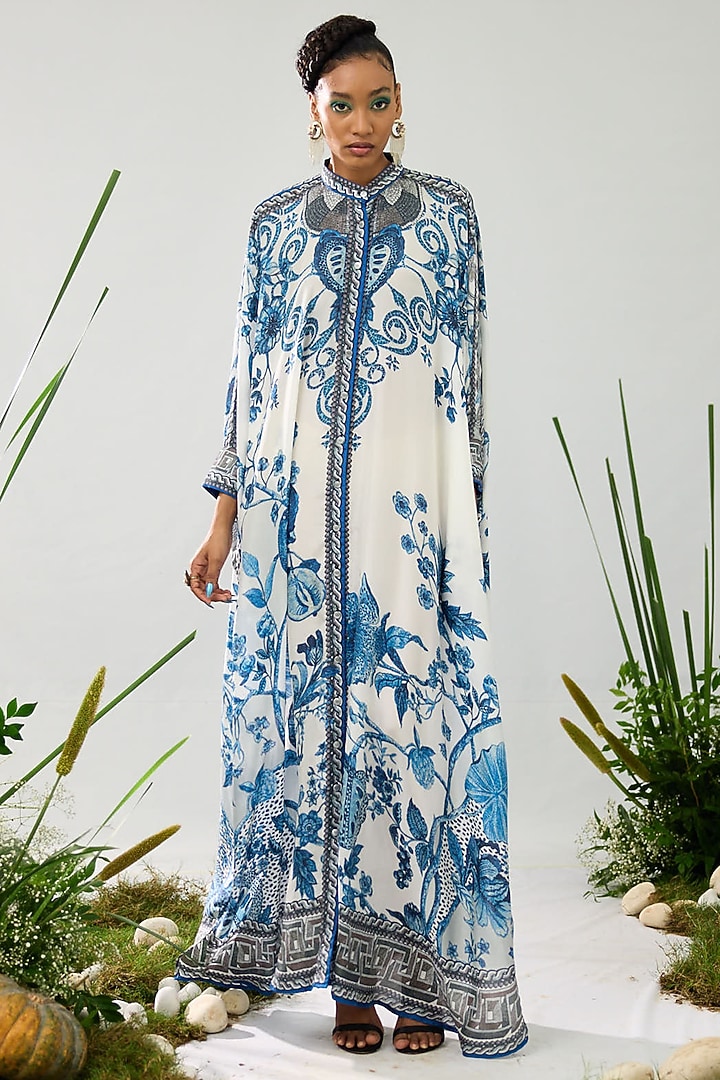 Blue & White Silk Printed Boxy Kaftan Tunic by Rajdeep Ranawat at Pernia's Pop Up Shop