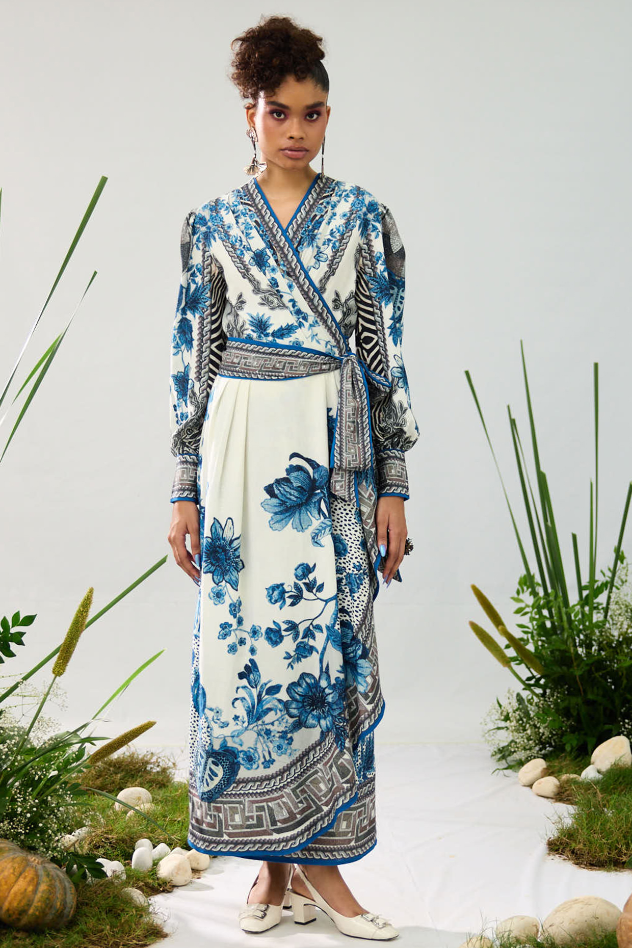 Blue & White Cotton Linen Flex Printed Wrap Vacation Dress by Rajdeep Ranawat at Pernia's Pop Up Shop