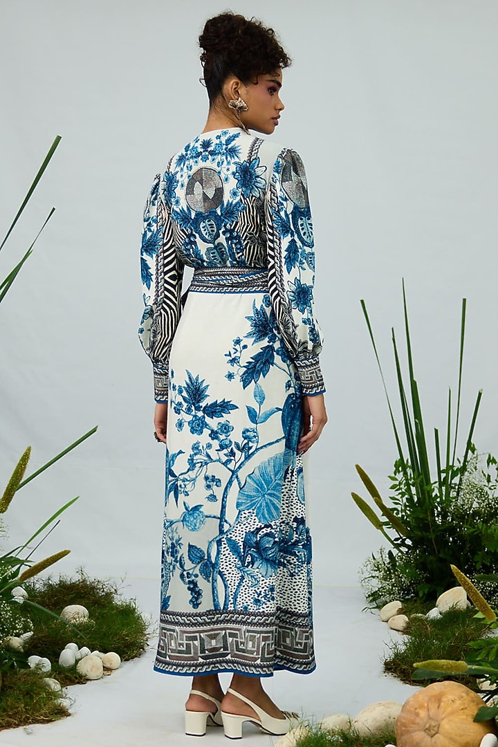 Blue & White Cotton Linen Flex Printed Wrap Cocktail Dress by Rajdeep Ranawat at Pernia's Pop Up Shop