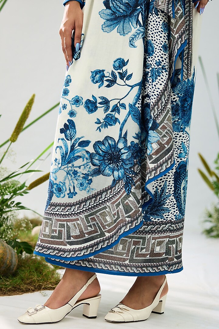 Blue & White Cotton Linen Flex Printed Wrap Cocktail Dress by Rajdeep Ranawat at Pernia's Pop Up Shop