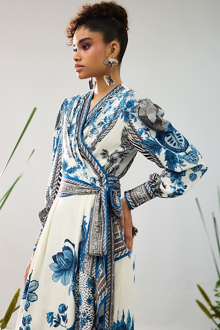 Blue & White Cotton Linen Flex Printed Wrap Cocktail Dress by Rajdeep Ranawat at Pernia's Pop Up Shop