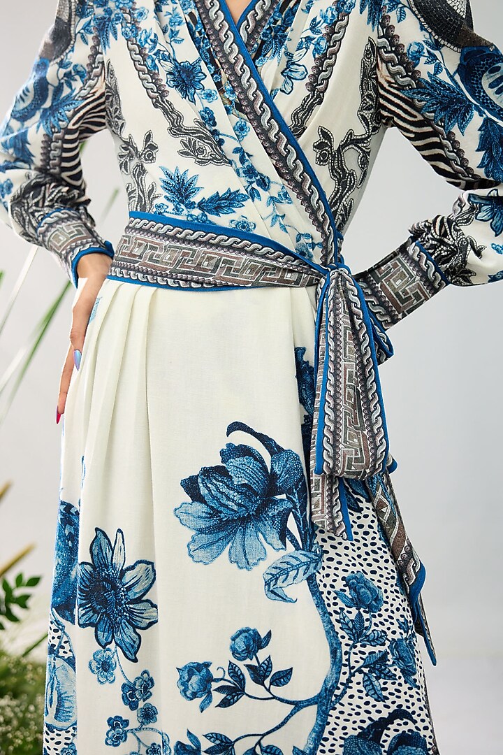 Blue & White Cotton Linen Flex Printed Wrap Cocktail Dress by Rajdeep Ranawat at Pernia's Pop Up Shop