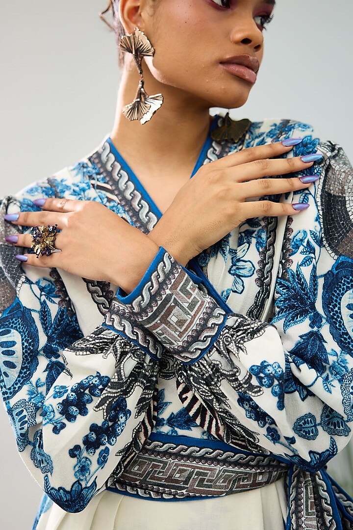 Blue & White Cotton Linen Flex Printed Wrap Cocktail Dress by Rajdeep Ranawat at Pernia's Pop Up Shop