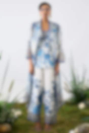 Blue & White Linen Gauge Printed Cover-Up Jacket by Rajdeep Ranawat at Pernia's Pop Up Shop