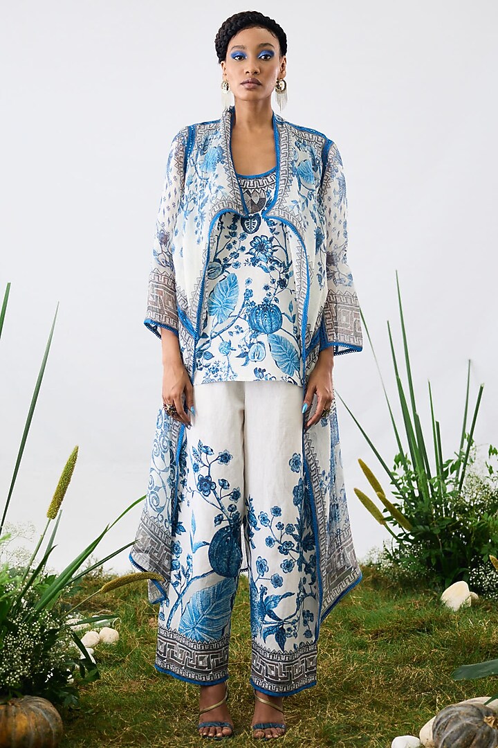 Blue & White Linen Gauge Printed Cover-Up Jacket by Rajdeep Ranawat at Pernia's Pop Up Shop