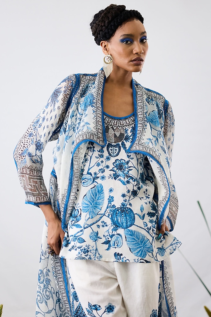 Blue & White Linen Gauge Printed Cover-Up Jacket by Rajdeep Ranawat at Pernia's Pop Up Shop