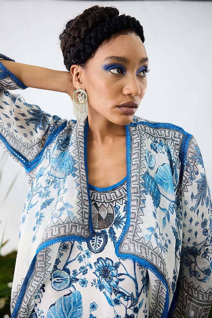 Blue & White Linen Gauge Printed Cover-Up Jacket by Rajdeep Ranawat at Pernia's Pop Up Shop
