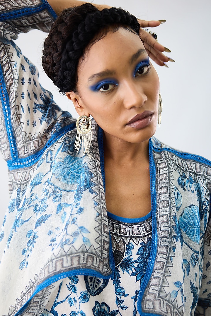 Blue & White Linen Gauge Printed Cover-Up Jacket by Rajdeep Ranawat at Pernia's Pop Up Shop